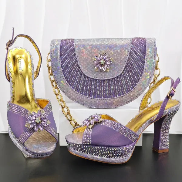 Hand Crafted Upper Rhinestone Wedding Shoe and Bag Set Gold Size - Lilac / 38 / China Mainland