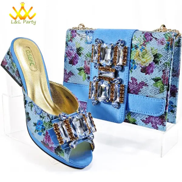 Italian New Arrivals Shoes and Bag Set in Green Color High Quality Specials Design Slipper with Crystal for Wedding