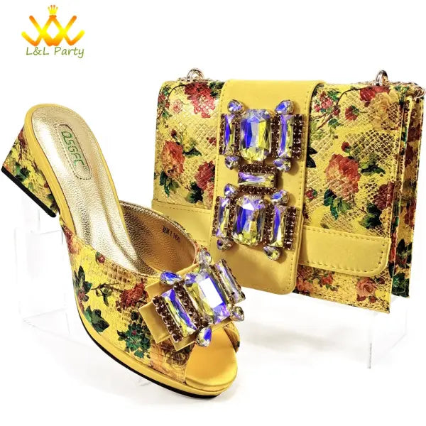 Italian New Arrivals Shoes and Bag Set in Green Color High Quality Specials Design Slipper with Crystal for Wedding