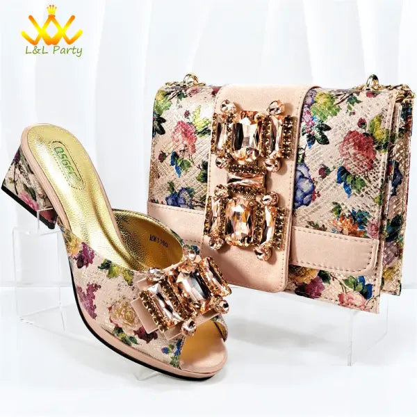 Italian New Arrivals Shoes and Bag Set in Green Color High Quality Specials Design Slipper with Crystal for Wedding