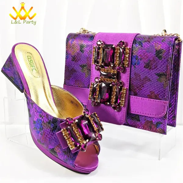Italian New Arrivals Shoes and Bag Set in Green Color High Quality Specials Design Slipper with Crystal for Wedding