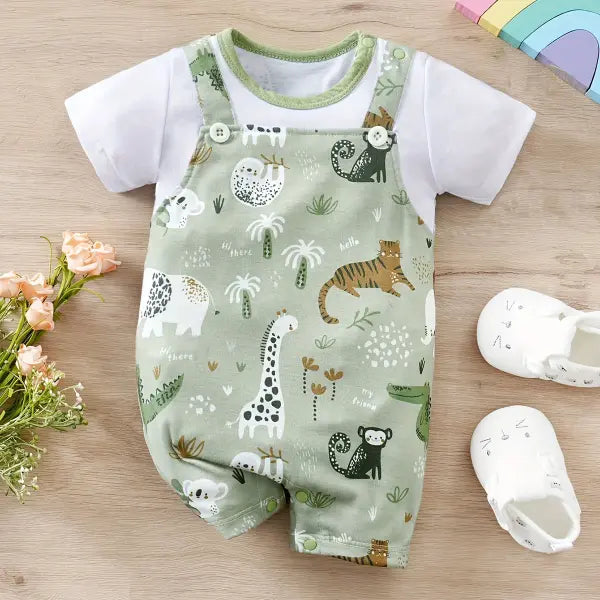 IURNXB Infant Boys Zoo Animal Print Romper – Cute Faux Two-Piece Short Sleeve Bodysuit for Newborns & Babies