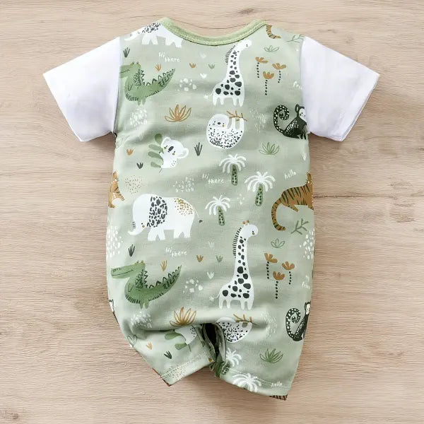 IURNXB Infant Boys Zoo Animal Print Romper – Cute Faux Two-Piece Short Sleeve Bodysuit for Newborns & Babies