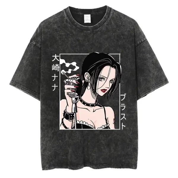 Japanese Anime Nana Osaki Print Vintage Washed Tshirt Harajuku Streetwear Graphic T-Shirt Summer Short Sleeve Cotton