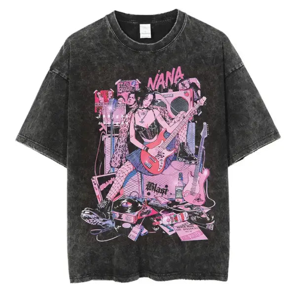 Japanese Anime Nana Osaki Print Vintage Washed Tshirt Harajuku Streetwear Graphic T-Shirt Summer Short Sleeve Cotton