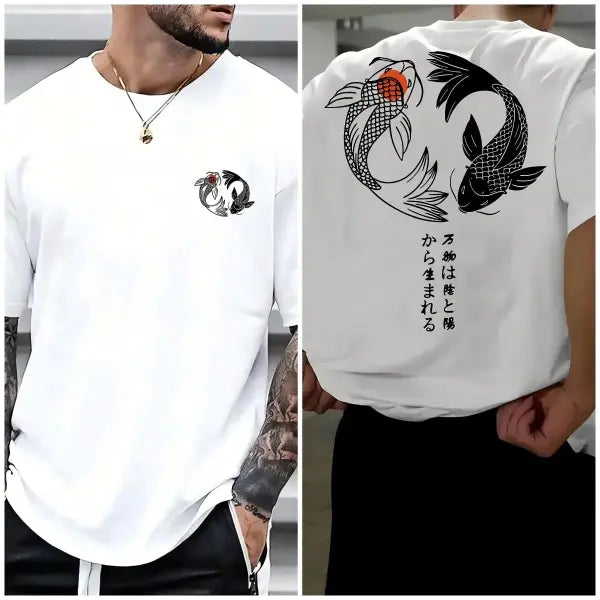 Japanese Koi Harajuku Illustration Pattern T-Shirt Men Summer Casual T Shirt Soft Fashion Short Sleeve Loose Cotton