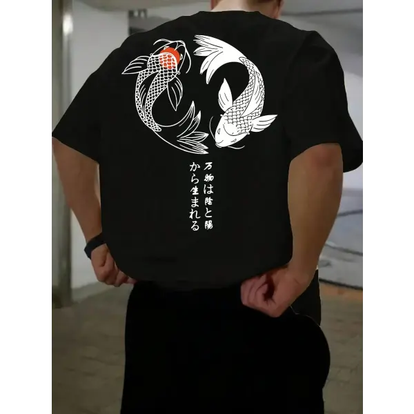 Japanese Koi Harajuku Illustration Pattern T-Shirt Men Summer Casual T Shirt Soft Fashion Short Sleeve Loose Cotton