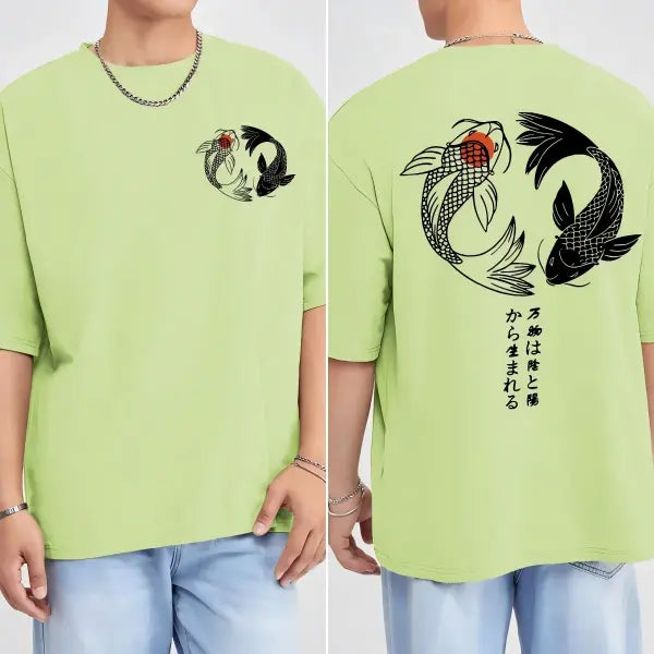 Japanese Koi Harajuku Illustration Pattern T-Shirt Men Summer Casual T Shirt Soft Fashion Short Sleeve Loose Cotton