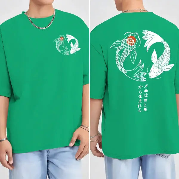 Japanese Koi Harajuku Illustration Pattern T-Shirt Men Summer Casual T Shirt Soft Fashion Short Sleeve Loose Cotton