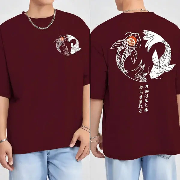 Japanese Koi Harajuku Illustration Pattern T-Shirt Men Summer Casual T Shirt Soft Fashion Short Sleeve Loose Cotton