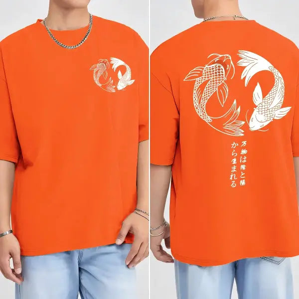 Japanese Koi Harajuku Illustration Pattern T-Shirt Men Summer Casual T Shirt Soft Fashion Short Sleeve Loose Cotton