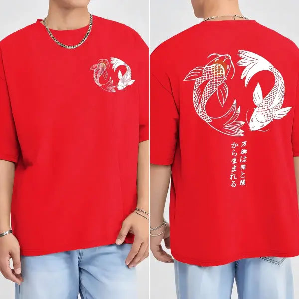 Japanese Koi Harajuku Illustration Pattern T-Shirt Men Summer Casual T Shirt Soft Fashion Short Sleeve Loose Cotton