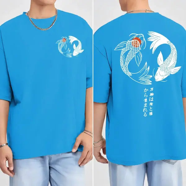 Japanese Koi Harajuku Illustration Pattern T-Shirt Men Summer Casual T Shirt Soft Fashion Short Sleeve Loose Cotton