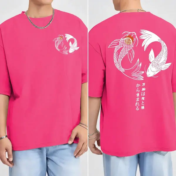 Japanese Koi Harajuku Illustration Pattern T-Shirt Men Summer Casual T Shirt Soft Fashion Short Sleeve Loose Cotton