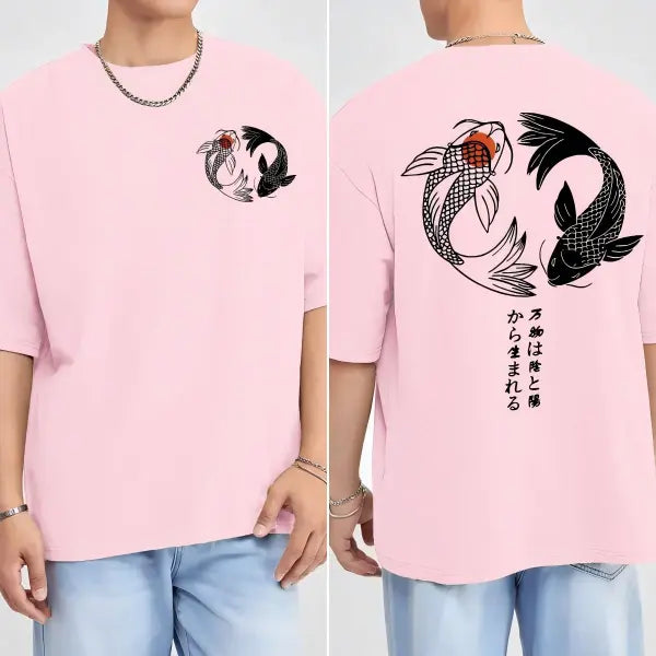 Japanese Koi Harajuku Illustration Pattern T-Shirt Men Summer Casual T Shirt Soft Fashion Short Sleeve Loose Cotton