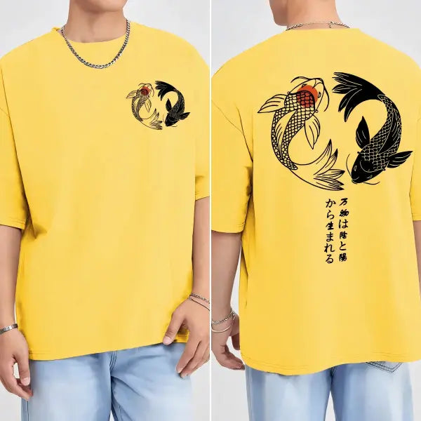 Japanese Koi Harajuku Illustration Pattern T-Shirt Men Summer Casual T Shirt Soft Fashion Short Sleeve Loose Cotton