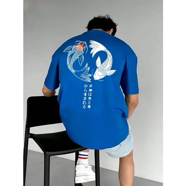 Japanese Koi Harajuku Illustration Pattern T-Shirt Men Summer Casual T Shirt Soft Fashion Short Sleeve Loose Cotton