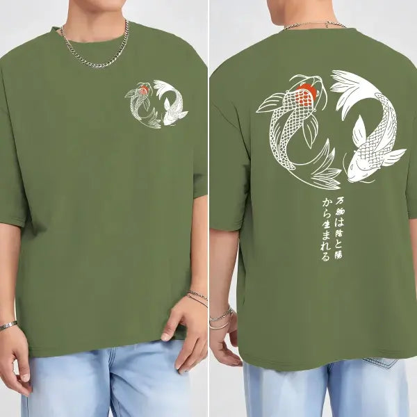 Japanese Koi Harajuku Illustration Pattern T-Shirt Men Summer Casual T Shirt Soft Fashion Short Sleeve Loose Cotton