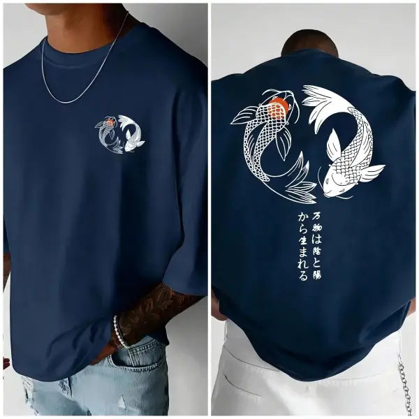 Japanese Koi Harajuku Illustration Pattern T-Shirt Men Summer Casual T Shirt Soft Fashion Short Sleeve Loose Cotton