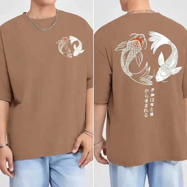 Japanese Koi Harajuku Illustration Pattern T-Shirt Men Summer Casual T Shirt Soft Fashion Short Sleeve Loose Cotton