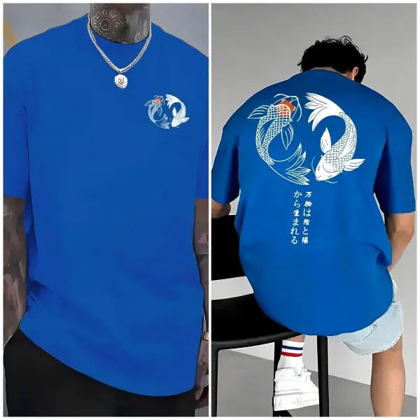 Japanese Koi Harajuku Illustration Pattern T-Shirt Men Summer Casual T Shirt Soft Fashion Short Sleeve Loose Cotton