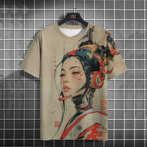 Japanese T-Shirt For Men Mechanical Character Graphic T Shirts Short Sleeve Printing Tees Outdoor Oversized Men’s