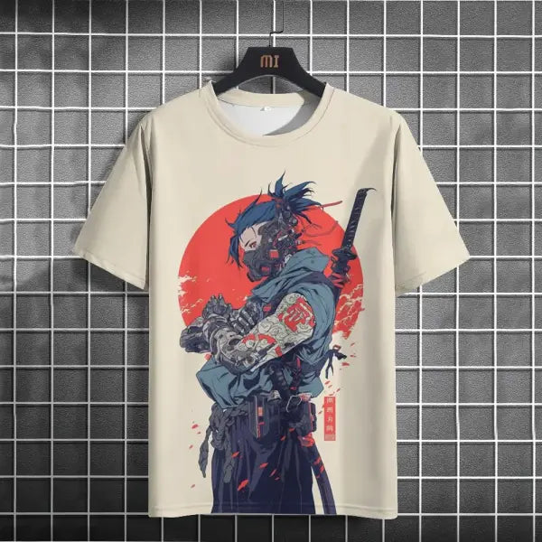 Japanese T-Shirt For Men Mechanical Character Graphic T Shirts Short Sleeve Printing Tees Outdoor Oversized Men’s
