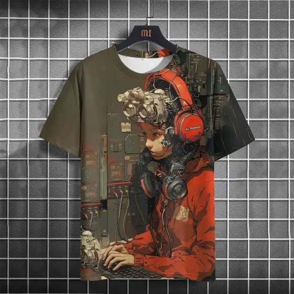 Japanese T-Shirt For Men Mechanical Character Graphic T Shirts Short Sleeve Printing Tees Outdoor Oversized Men’s