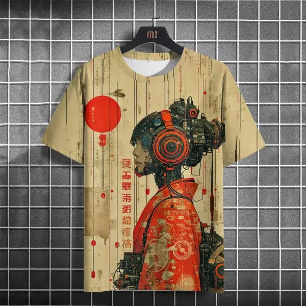 Japanese T-Shirt For Men Mechanical Character Graphic T Shirts Short Sleeve Printing Tees Outdoor Oversized Men’s