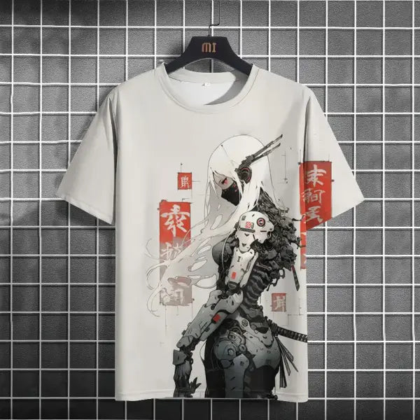 Japanese T-Shirt For Men Mechanical Character Graphic T Shirts Short Sleeve Printing Tees Outdoor Oversized Men’s