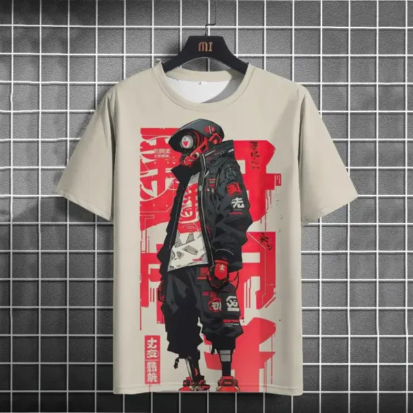 Japanese T-Shirt For Men Mechanical Character Graphic T Shirts Short Sleeve Printing Tees Outdoor Oversized Men’s