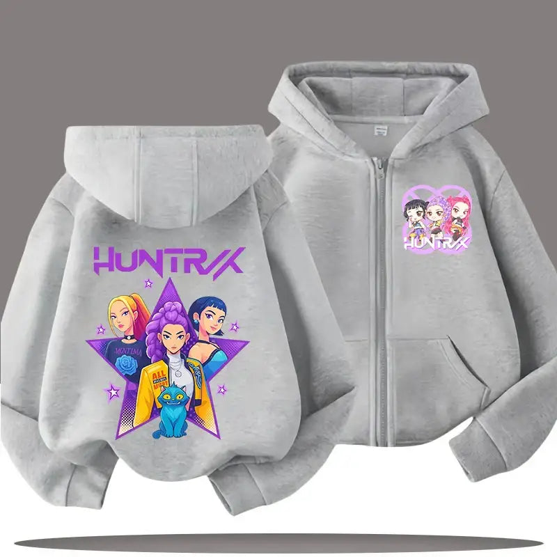K-pop Demon Hunters Hooded Coat for Child Anime Huntrix Rumi Zoey Cartoon Fashion Zip Jacket Boy Girl Cute Top Kids