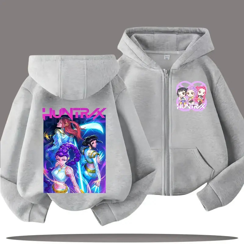 K-pop Demon Hunters Hooded Coat for Child Anime Huntrix Rumi Zoey Cartoon Fashion Zip Jacket Boy Girl Cute Top Kids
