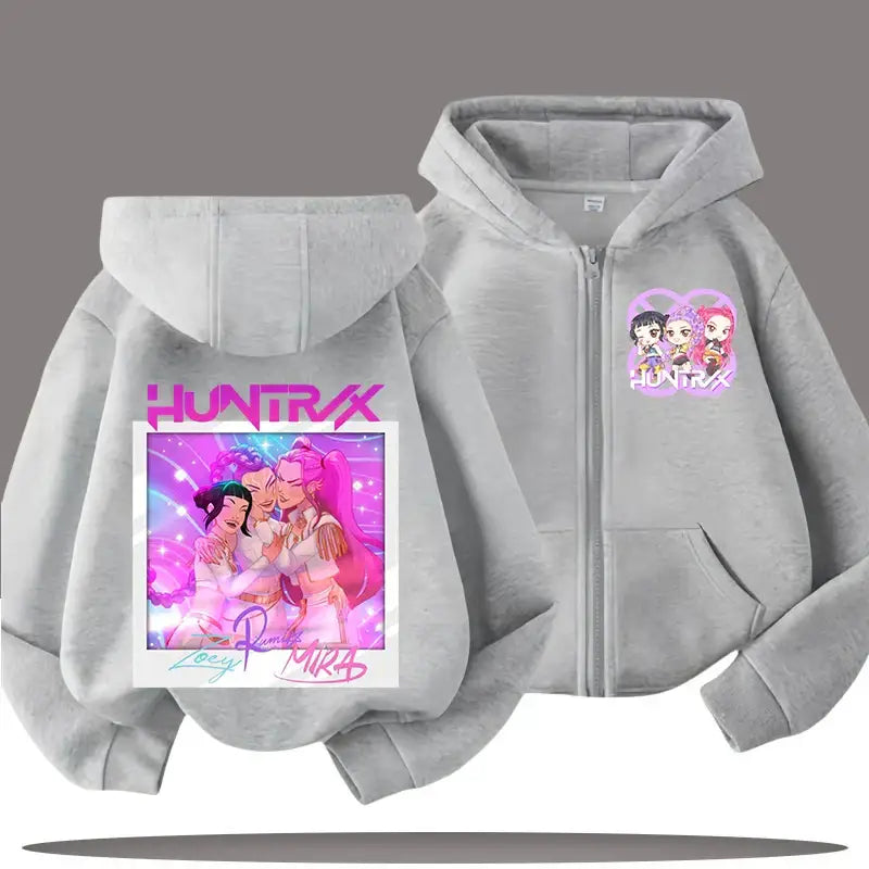 K-pop Demon Hunters Hooded Coat for Child Anime Huntrix Rumi Zoey Cartoon Fashion Zip Jacket Boy Girl Cute Top Kids