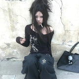 Grunge Tattoo Print Button-Up Tee - Vintage Y2K Gothic Irregular Aesthetic Top