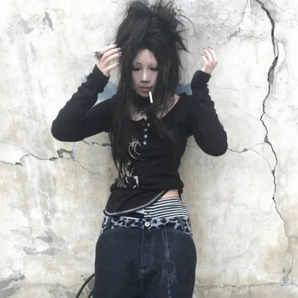 Grunge Tattoo Print Button-Up Tee - Vintage Y2K Gothic Irregular Aesthetic Top