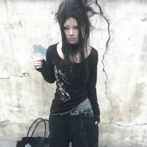 Grunge Tattoo Print Button-Up Tee - Vintage Y2K Gothic Irregular Aesthetic Top