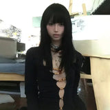 Y2K Hollow Out Beaded Long Sleeve Tee - Harajuku Aesthetic Slim Fit Retro Top
