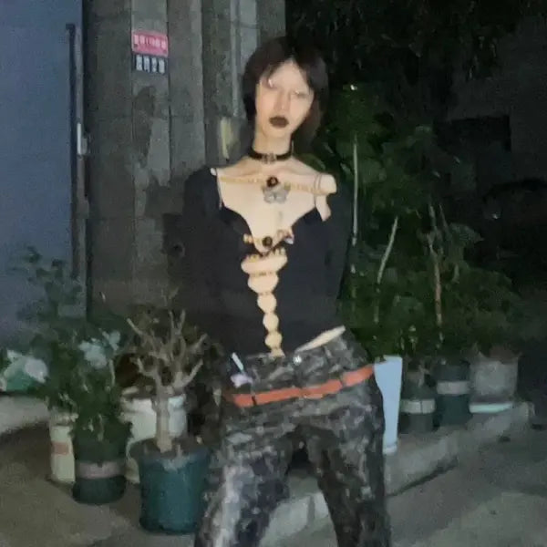 Y2K Hollow Out Beaded Long Sleeve Tee - Harajuku Aesthetic Slim Fit Retro Top