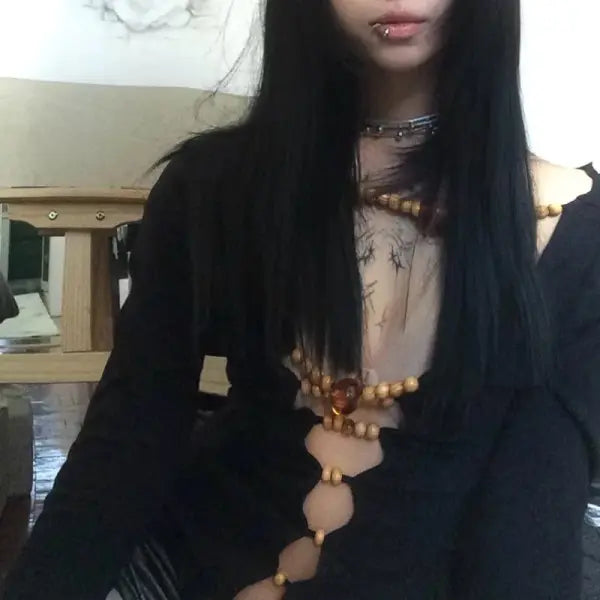 Y2K Hollow Out Beaded Long Sleeve Tee - Harajuku Aesthetic Slim Fit Retro Top