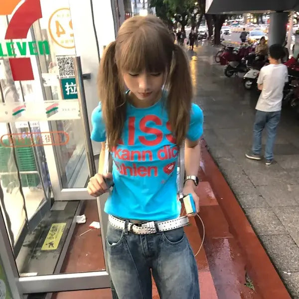 Karrram Japanese Y2k Letter Print T-shirt Trashy 2000s Style Crop Top Vintage Harajuku Short Sleeve Tee Shirt American