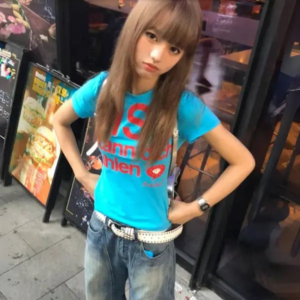 Karrram Japanese Y2k Letter Print T-shirt Trashy 2000s Style Crop Top Vintage Harajuku Short Sleeve Tee Shirt American