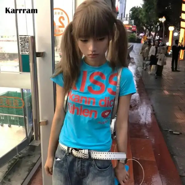 Karrram Japanese Y2k Letter Print T-shirt Trashy 2000s Style Crop Top Vintage Harajuku Short Sleeve Tee Shirt American