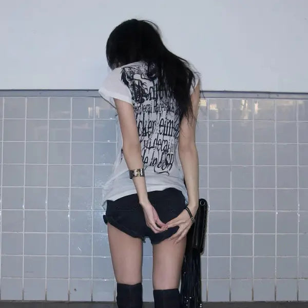 Y2K Sheer Tattoo Print T-Shirt - Grunge Harajuku Aesthetic Mesh Crop Top