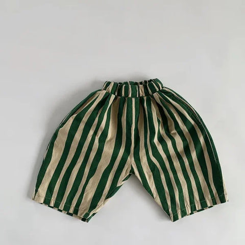 Kids Cotton Striped Calf-Length Pants – Breathable Summer Trousers for Boys & Girls - green / 4T 110cm