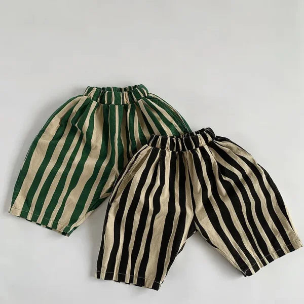 Kids Cotton Striped Calf-Length Pants – Breathable Summer Trousers for Boys & Girls