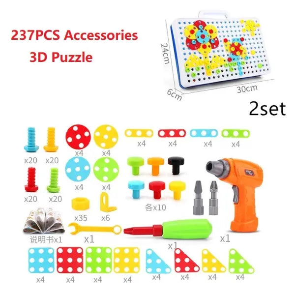 Kids’ Creative Drill & Screw Building Set – Colorful Educational Construction Toy - 2 set 237pc - Hair Remover