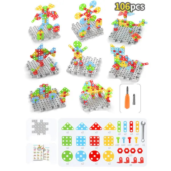 Kids’ Creative Drill & Screw Building Set – Colorful Educational Construction Toy - 106pcs - Hair Remover