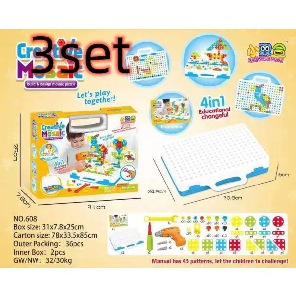 Kids’ Creative Drill & Screw Building Set – Colorful Educational Construction Toy - 3set 251pc - Hair Remover