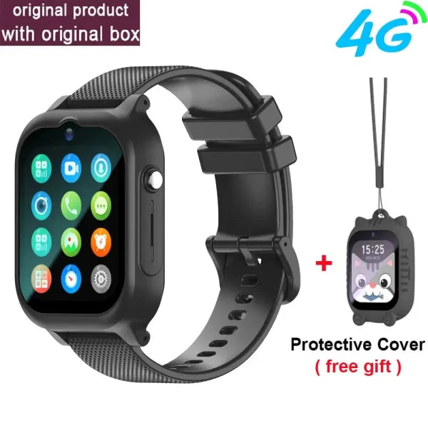 Black kids smartwatch with GPS tracking, 4G, silicone band, colorful icons, Russian Federation
